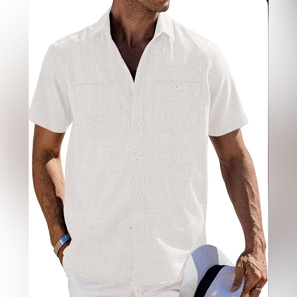 Men Casual Button Down Solid Linen Shirt! Blue shirt shows more of the pockets